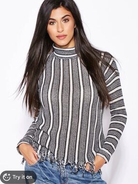 TopShop Long sleeve woven striped high neck frayed hem sweater size 0